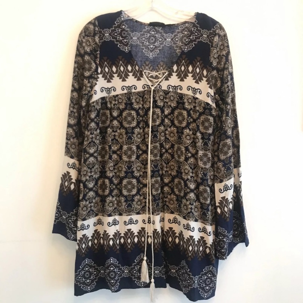 Blu Pepper Boho Dress  Lace Up Long Bell Sleeves